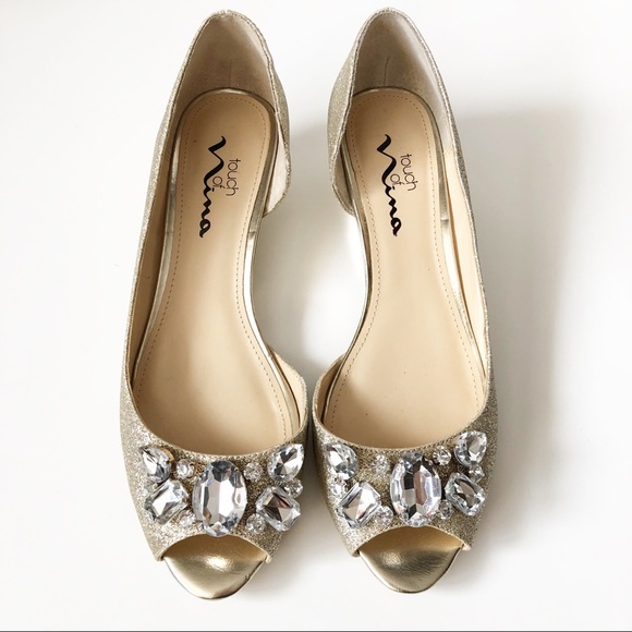 NEW Crystal Gold Wedge Bridal Wedding Peep Shoes - Picture 3 of 8